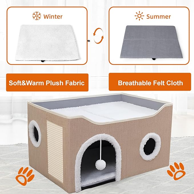 Loyareal Cat Houses for Indoor Cats - Large Cat Bed Cave with Scratch Pad and Fluffy Ball, Foldable Cat Condo Hideaway with Reversible Cushion for Multi Small Pet, Khaki