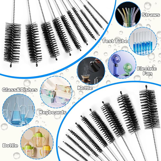 Ixiaoyoo 11 Pcs Cleaning Brushes Set, 8 Inch + 60 Inch Cleaner Brushes | Black Nylon Brushes Kit for Bottles, Tumbler, Sippy Cups, Pet Waterers, Drinking Straws, Pipes, Sink Drain, Fish Tank, Hose