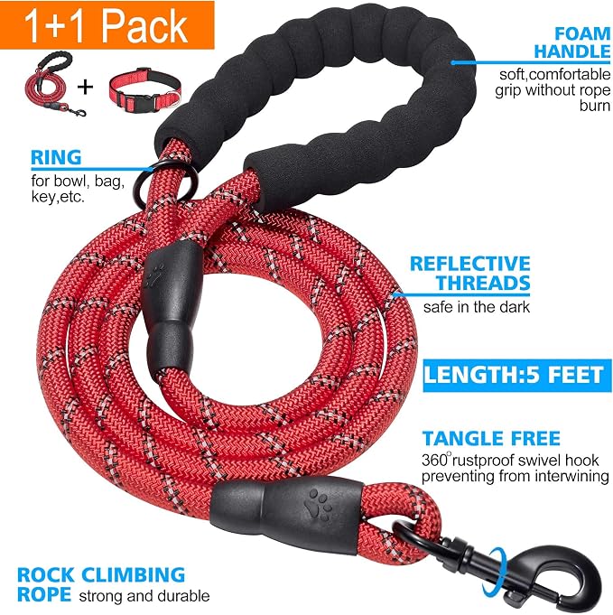 Ladoogo Reflective Dog Collar Padded with Soft Neoprene Breathable Adjustable Nylon Dog Collars for Small Medium Large Dogs (Small (Pack of 1), Red Collar+Leash)