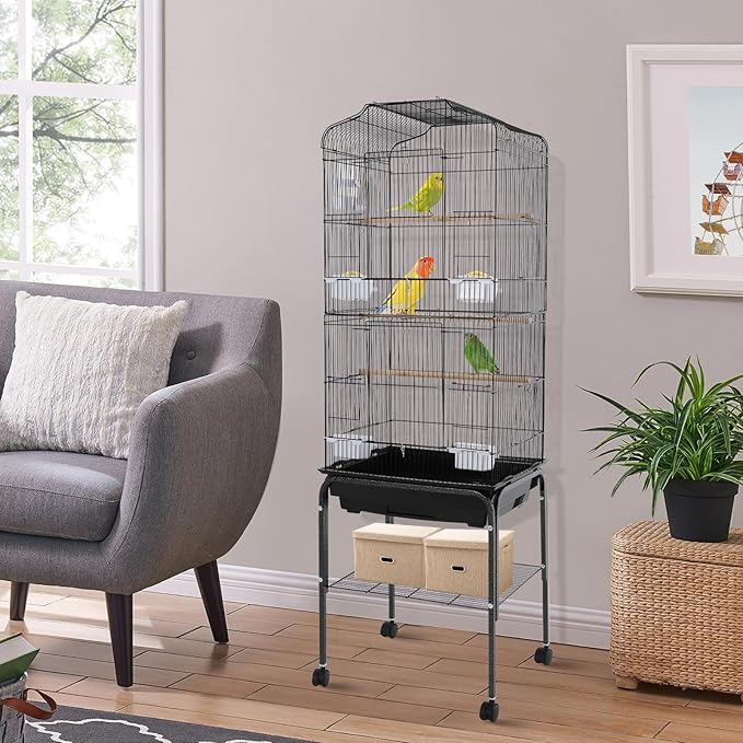 54in Metal Bird Cage Large Parakeet Cages for Parrot, Cockatiel, Lovebird, Pigeon Pagoda Bird House with Rolling Stand,Feeding Bowls & Waterer (Black-54in)