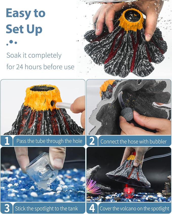 Uniclife Aquarium Volcano Ornament Kit Volcanic Eruption Decoration with Mini Air Pump Red LED Spotlight Air Stone Bubbler Airline Tubing Check Valve Fish Tank Resin Decor for Landscape and Aeration