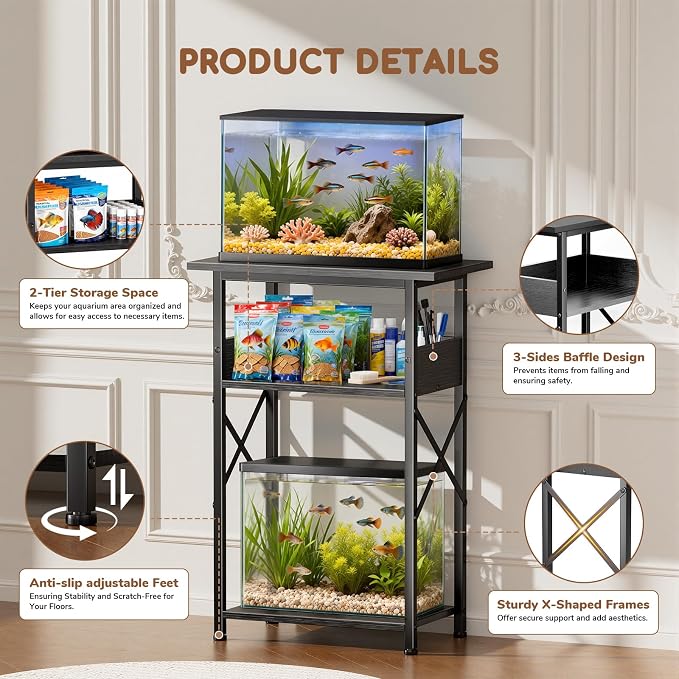 5-10 Gallon Fish Tank Stand with Storage Shelves, 3-Tier Aquarium Stand with Rust-Proof Metal Frame, Heavy Duty Waterproof Reptile Turtle Tank Stand for Home Office Up to 150LBS, 21.5" L x 11.5" W x 30" H, Black