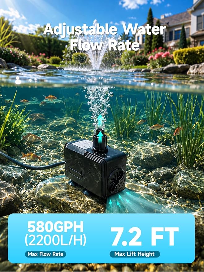 580GPH Amphibious Submersible Water Pump,2200L/H 25W Ultra Quiet Pond Pump Outdoor with 7.2ft High Lift, Adjustable Flow Control &3 Nozzles for Fish Tank, Pond, Fountain, Waterfall, Hydroponics