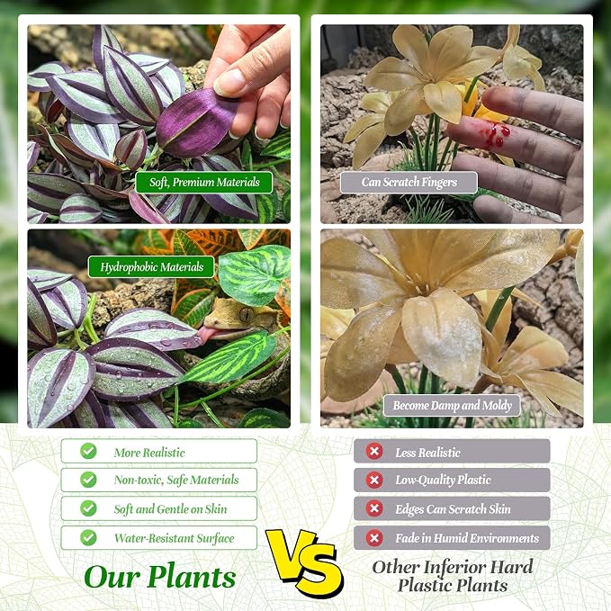 5 Pcs Reptile Plants & Habitat Decor Kit - 3 Artificial Hanging Plants & Large 3.3ft Jungle Vine Branch, Terrarium Tank Climbing Accessories for Crested Gecko, Bearded Dragon, Lizard, Snake, Chameleon
