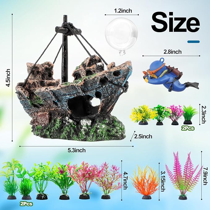 16 Pcs Aquarium Decor Set Shipwreck Decoration Little Diver Floating Fish Tank Decoration Fish Tank Plants