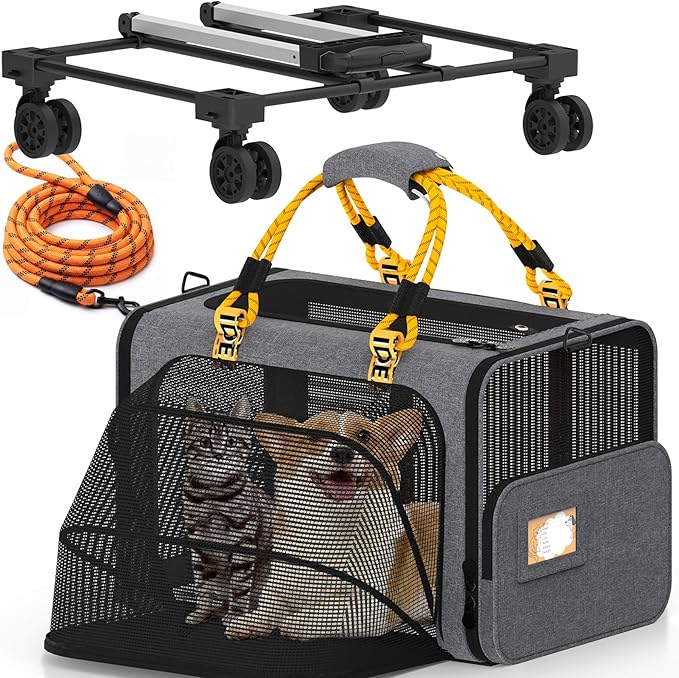 PAWZIDEA Expandable Large Pet Carrier with Wheels, 24x16x16 in Rolling Cat Carrier for 2–4 Cats up 55lb, Soft-Sided Collapsible Small Medium Dog Crate for Car Travel, Telescopic Handle, Storage Pocket