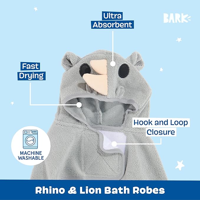 Barkbox Dog Bundle Fast Drying Bathrobe with Hook and Loop Closure & Wrap Tie Snuggle, Easy to Clean, Machine Washable, Dog Coats and Tumble Dry Low - Lion/Rhino, Medium