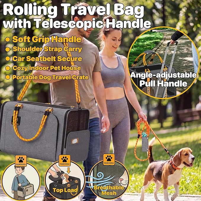 PAWZIDEA Expandable Large Pet Carrier with Wheels, 24x16x16 in Rolling Cat Carrier for 2–4 Cats up 55lb, Soft-Sided Collapsible Small Medium Dog Crate for Car Travel, Telescopic Handle, Storage Pocket