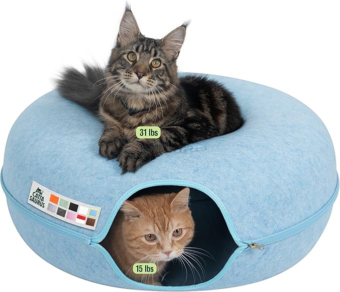 Cattasaurus Peekaboo Cat Cave Donut for Multiple & Large Cats up to 30-45 lbs, 3-in-1 Self Warming Cat Bed, Tunnel & Scratcher for Indoor Cats, Washable & Detachable Small Dog Bed (Blue, Jumbo)