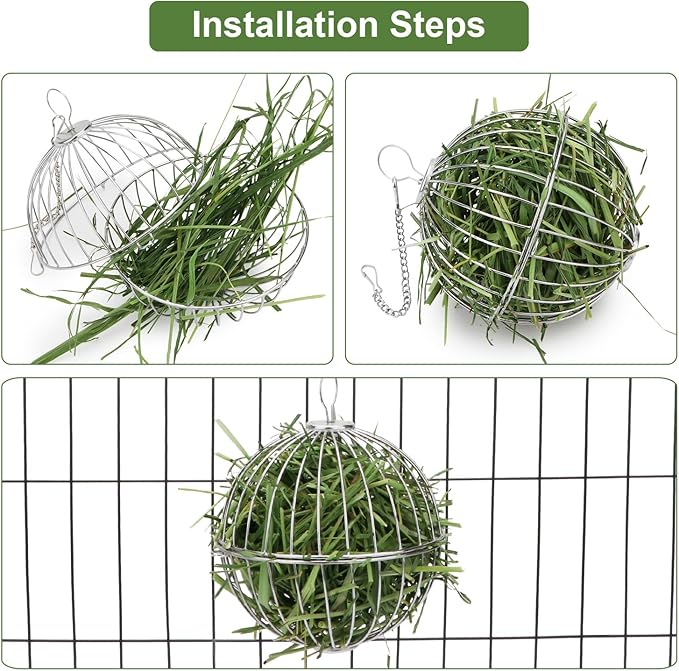 Rabbit Hay Ball Stainless Steel Hanging Feed Dispenser for Bunny Hamster Guinea Pig Rat Chinchilla (A: 5.11inch, Silver)