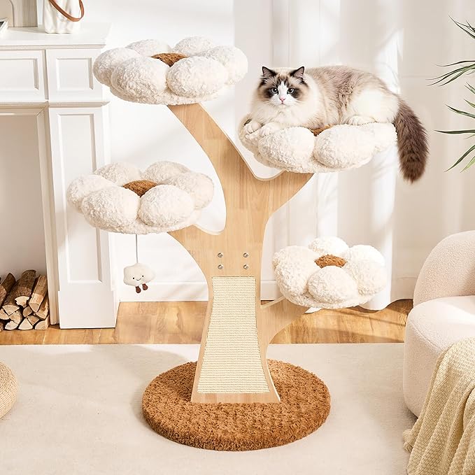 Aesthetic Flower Cat Tree Tower with Scratching Post for Indoor Cats, 48" Modern Cat Tree with Wood Sculpted Branch, Flower Cat Beds, Scratching Board & Interactive Squeaky Toy, Creamy White