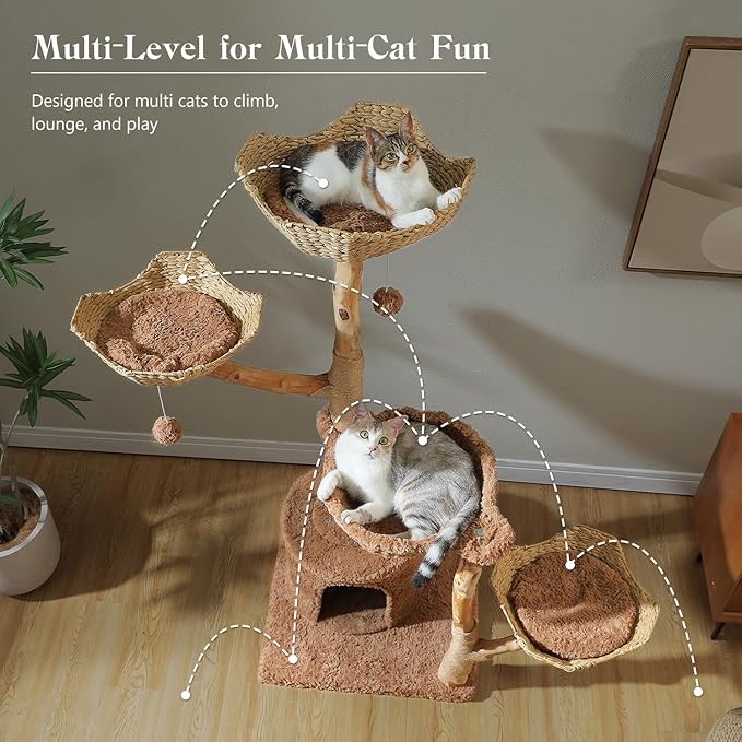 MUTTROS 59" Cat Tree Tower with Real Solid Wood Natural Branch, Modern Cat Tree for Large Cats w/3 Handwoven Wicker Baskets- Luxury Boho Cat Furniture w/Condo & Soft Hammock, Scratching Post, Brown