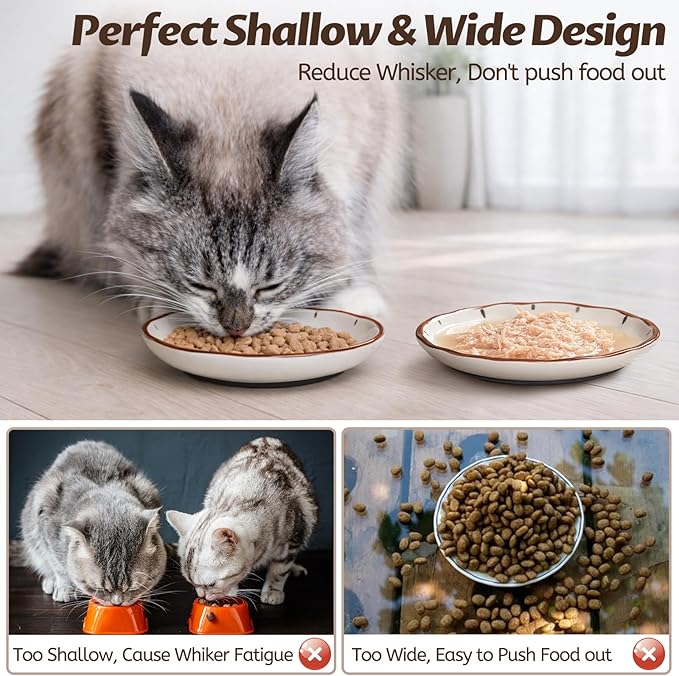WROSWT Clock Cat Food Bowl,Non-Slip Silicone Bottom Cat Bowls for Indoor Cats,Anti Whisker Fatigue Cats Dishes Set,Shallow Wide Kitten Plates for Food and Water,3 Pack