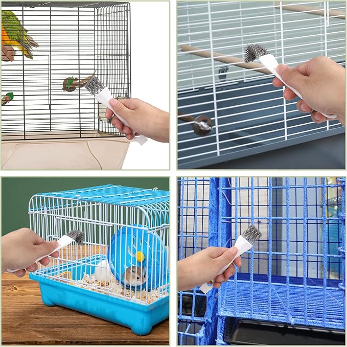 Penitue 3pcs Bird Cage Cleaner Set, Bird Cage Long Handle Shovel Cleaner with Scraper Droppings Brush Tool for Small Animal Parakeet Parrot Hamster Pet Cages Cleaning Accessories