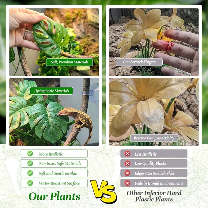 5 Pcs Reptile Plants & Habitat Decor Kit - 3 Artificial Plants & Large 5ft Jungle Vine Branch, Amphibian Habitat Hideout Tank Decorations fit Crested Gecko Leopard Lizard Chameleon Ball Python Frog