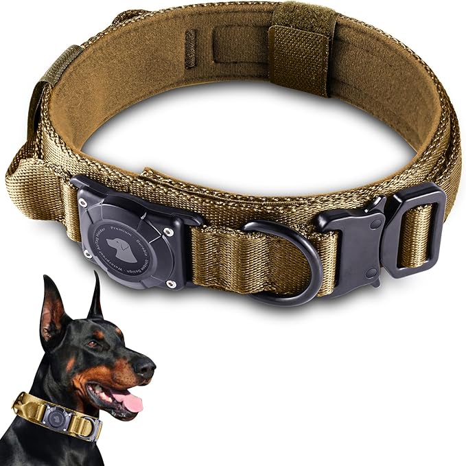 2026 Upgrade Waterproof AirTag Dog Collar, Military Tactical Dog Collar with AirTag Holder, Comfortable Control Handle and Metal Buckle, GPS Dog Collar Holder for Medium to Large Dogs (Khaki, M)