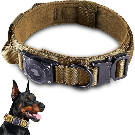 2026 Upgrade Waterproof AirTag Dog Collar, Military Tactical Dog Collar with AirTag Holder, Comfortable Control Handle and Metal Buckle, GPS Dog Collar Holder for Medium to Large Dogs (Khaki,L)