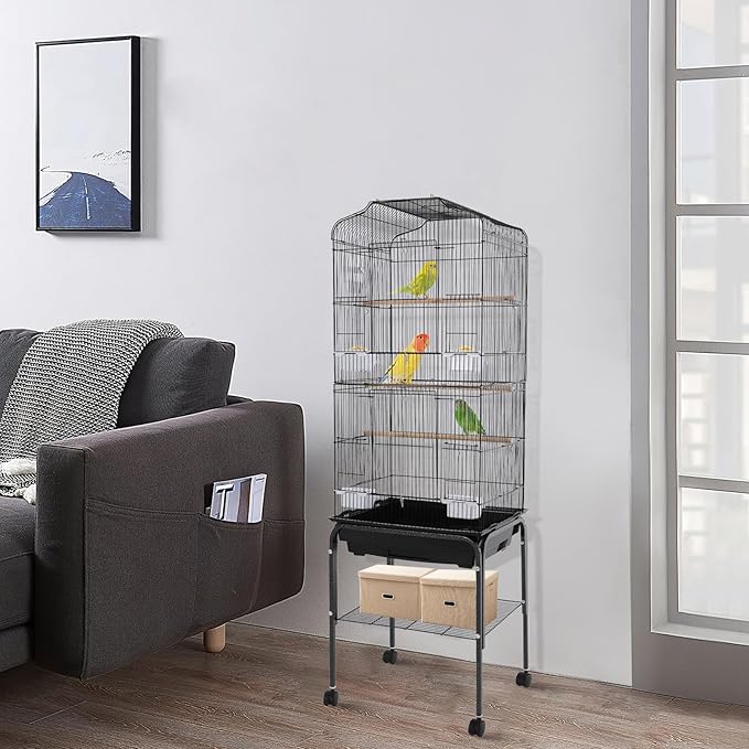 Large Bird Cage with Stand 54 Inch Standing Bird Cage with Removable Tray, Rolling Bird Cage Stand with Wheels for Parakeets, Parrot, Cockatiel, Pigeon, Finch Cage for Birds(Black)