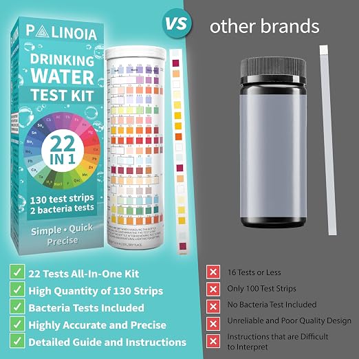 22 in 1 Drinking Water Test Kit 130 Strips - Well, Tap, Home, Swimming Pool, Hot Tub Testing Strip for Flouride, Lead, Hardness, Chlorine, Iron, Copper & More