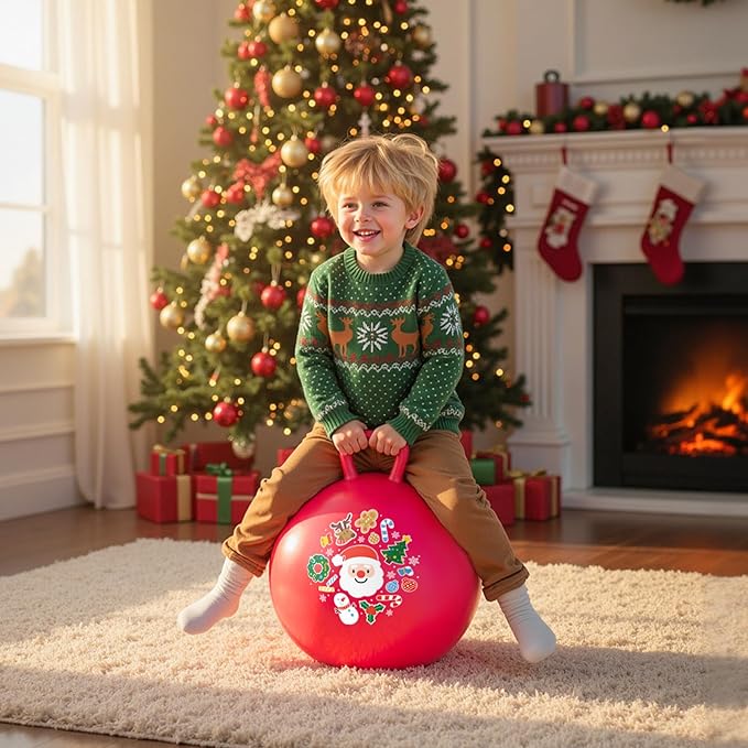 Hopper Ball for Kids 18In Sit On Bouncy Balls with Handle for Indoor Outdoor Active Play, Red Christmas Inflatable Boys Girls Gifts for 4 5 6 7 8 Years Old with Christmas Reindeer Ears