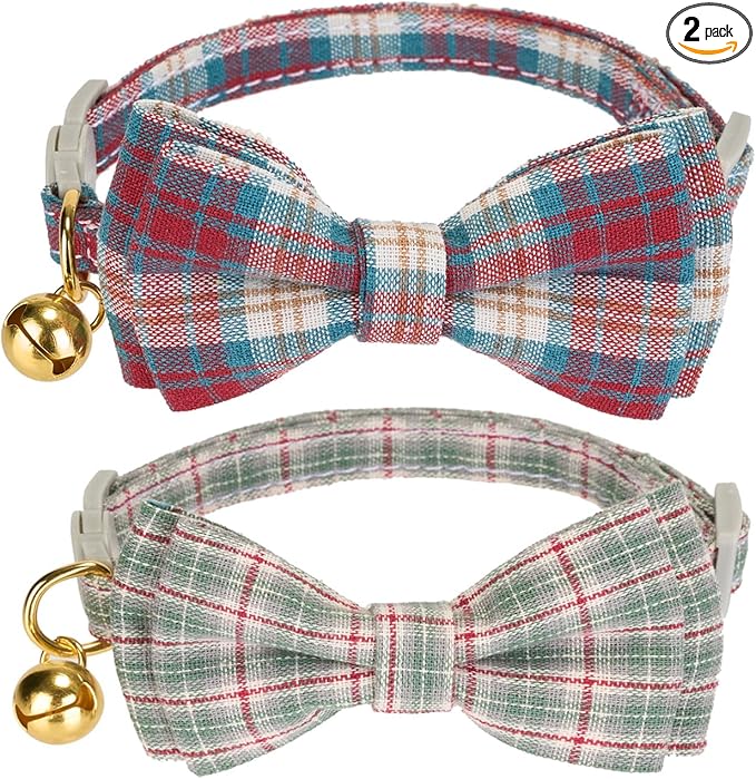 2 Pack Soft Cotton Cat Collars with Bowtie and Bell Breakaway Plaid Cat Kitten Collar(Red and Green)