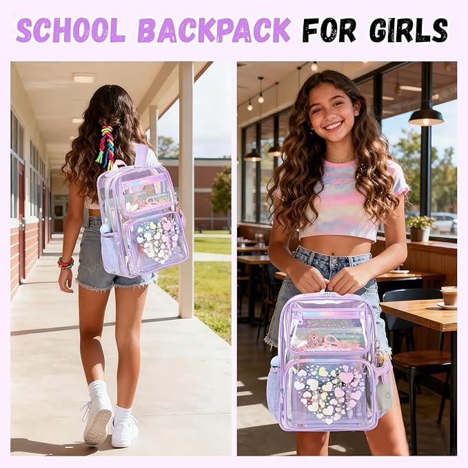 MOONBABY Clear Backpack for School Girls, Heavy Duty TPU Transparent Backpack Stadium Events Approved, Clear Bookbag