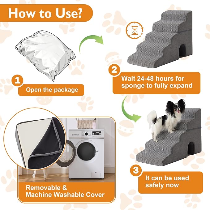 Dog Stairs for Bed 19.5’’ H, 4-Step Dog Steps for High Bed, Pet Stairs for Small Dogs and Cats to Get on Beds, Couch, Non-Slip Balanced Pet Steps and Ramp with Waterproof Cover and Tunnel, Grey