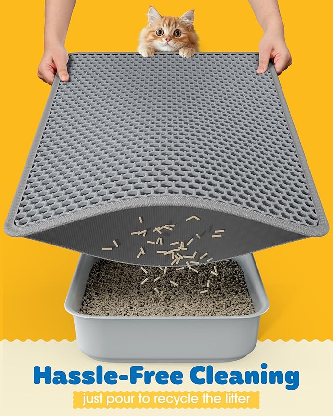 Cat Litter Mat - 30'' x 24'' Large Litter Trapping Mat, Easy to Clean Litter Box Mat, Waterproof, Urine-Proof, Non-Slip Kitty Litter Mats for Floor, Grey