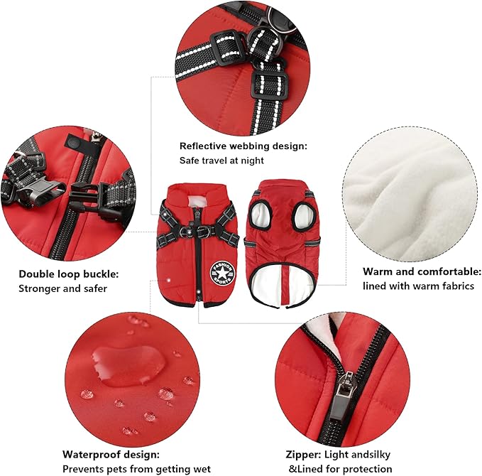 Aiboria Dog Jackets for Winter Windproof Waterproof 2 in 1 Outfit Cold Weather Coat Dog Vest Harness Puppy Winter Warm Jacket Red M