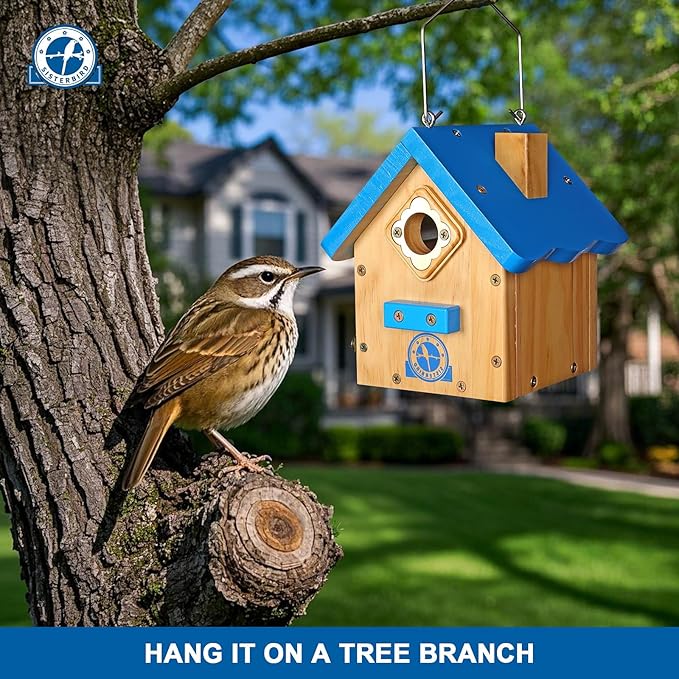 SISTERBIRD Wren Bird House for Outside, Premium Wooden Wren Bird Houses, Hanging Chickadee Bird House, Weatherproof Garden Decor Birdhouses for Outdoors, Blue Color Roof Bird Nesting Titmouse