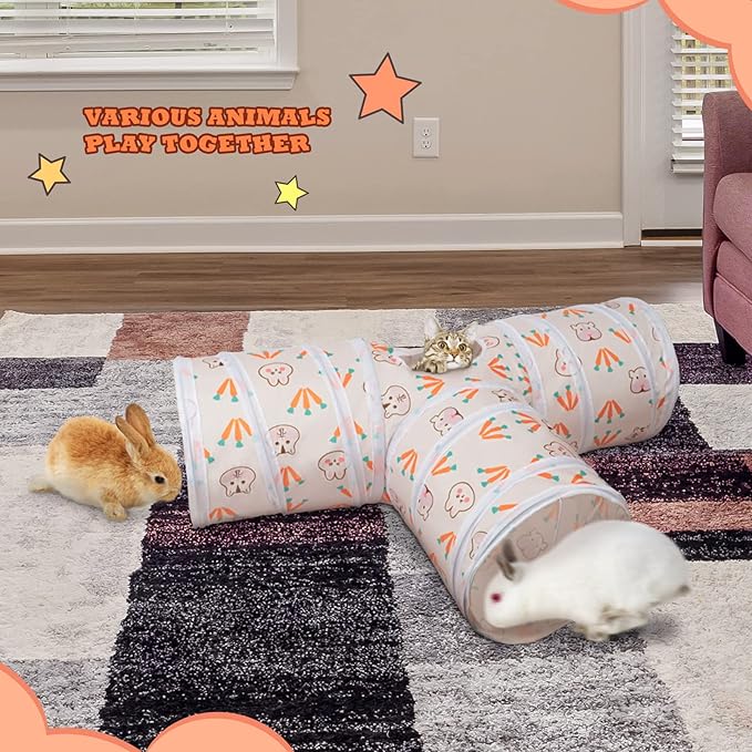 BWOGUE Bunny Tunnels & Tubes Collapsible 3 Way Bunnys Hideout Small Animal Activity Tunnel Toys for Dwarf Rabbits Guinea Pigs Kitty