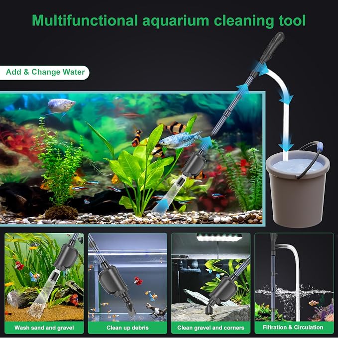 Electric Aquarium Gravel Cleaner, 36W 580 GPH Water Changer and Filter | Adjustable flow, 15 cm telescopic tube, 1.5 m hose, reusable sponge, low-water cleaning, and tool-free assembly