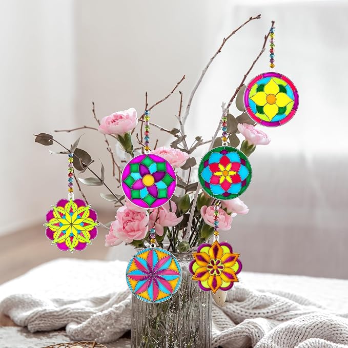 30 Sets Mandala Suncatchers Craft Kits Stained Glass DIY Window Paint Art | 30-piece Flower window art kit with mandala designs, perfect for spring crafts, summer parties, and creative activities