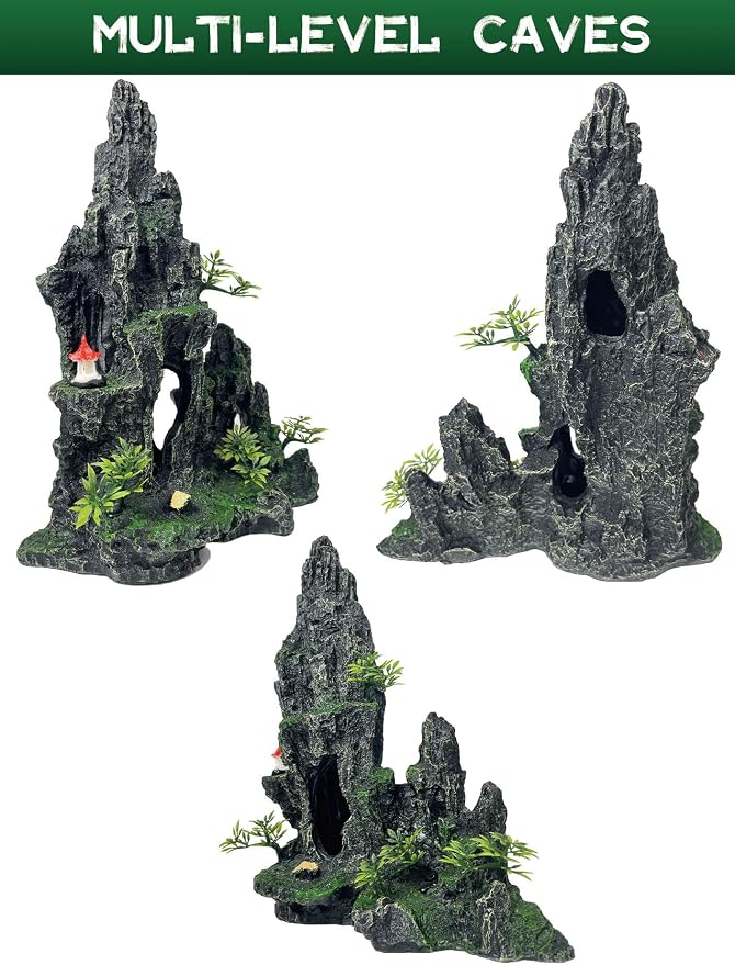 Aquarium Decor - Tall and Large Mountain Rock Ornament with Red Tower for Fish Tank,Aquarium Hideout with Rock Texture for Betta,Guppy,Shrimp-Safe Aquatic Decoration, Fish Hiding House