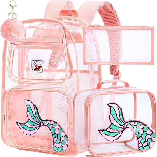 AGSDON 3PCS Clear Backpack for Girls, Kids Mermaid Transparent Backpack with Heavy Duty PVC, See Through Backpacks with Lunch Bag-Pink