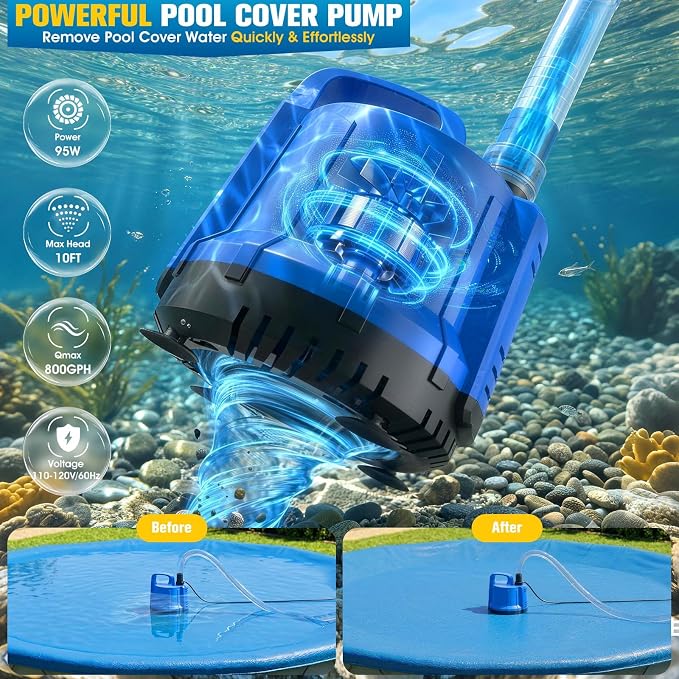 2026 Upgraded Pond Pump,Submersible Water Pump for Fountain Light-Deep Blue | 2-in-1 Pool Cover Pump with Fountain Light,Sump Pumps for Pool Draining,Pond Fountain Pumps Outdoor,Auto Water Sensor, 16ft