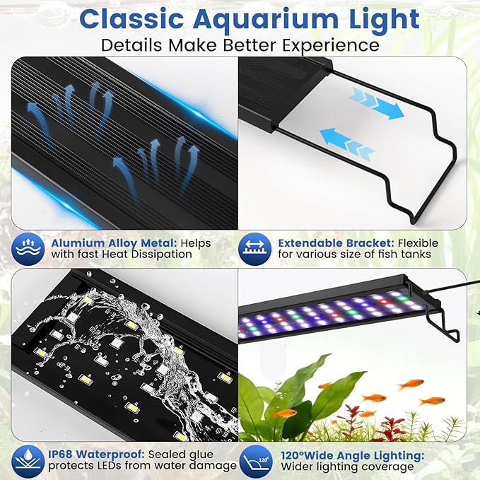 AQQA Full Spectrum Aquarium Plant Light LED Fish Tank Light IP68 Waterproof with 24/7 Natural Mode & DIY RGBW Mode, 9 Colors & 10-Level Brightness Adjustable, 6 Timer Settings for 40"-48" Tank (36W)