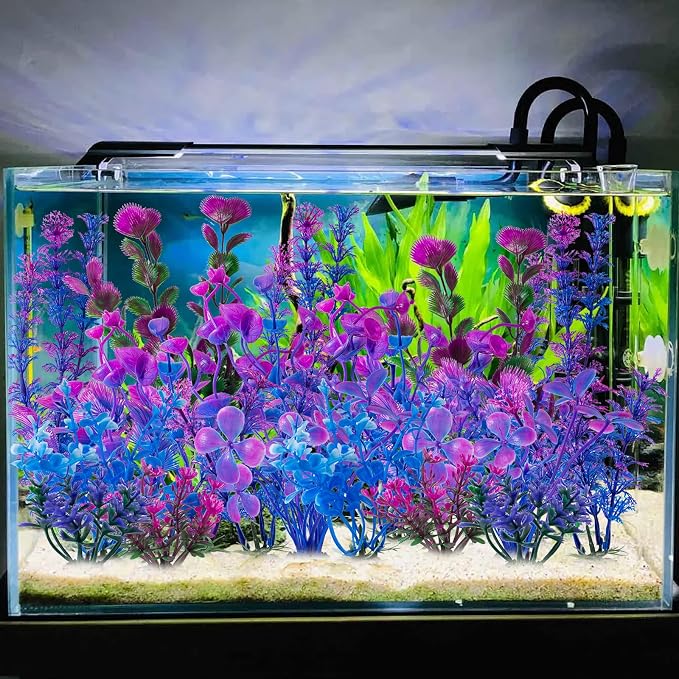 25 Pack Artificial Aquarium Plants, Plastic Small Fish Tank Plants | Small Size 4 inch Approximate Height Fish Tank Decorations Home Décor Plastic Light Purple