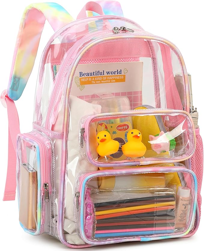 CAMTOP Clear Backpack Heavy Duty PVC Transparent Bag See Through BookBag for Student School Work Festival Sport Travel(Pink Yellow)