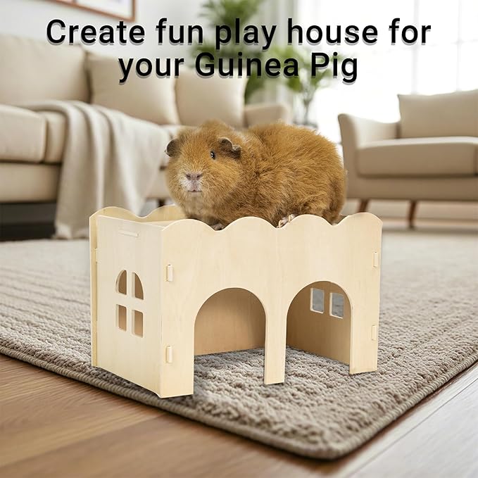 Bifeaw Guinea Pig Hideout, Natural Wooden Chew Proof Hideaway Hut for Small Pets (Guinea Pig)