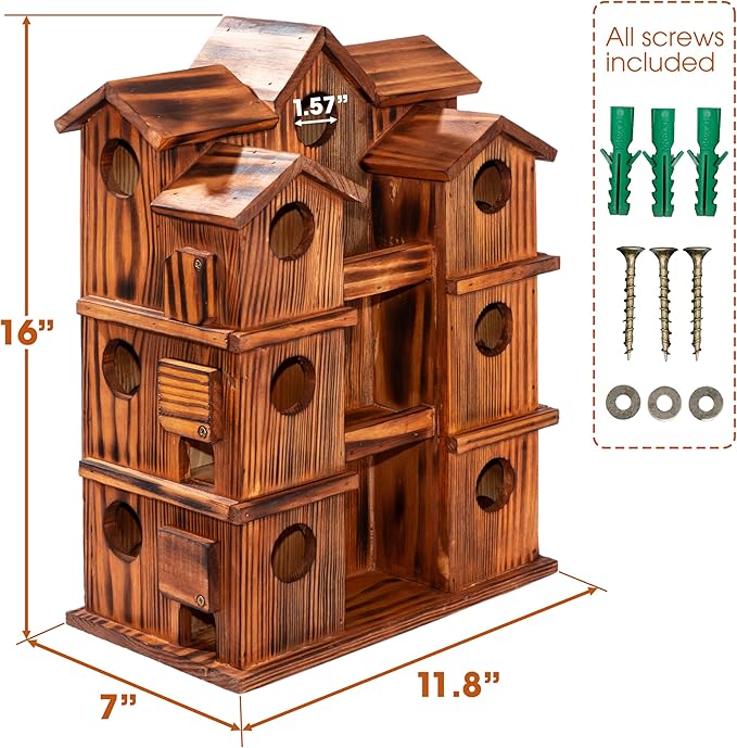 MIXUMON Wooden Bird Houses for Outside – 15 Rooms Multi-Chamber Bird House, Carbonized Pine Rustic Finish, 1.57" Entrance Holes, Individual Cleaning Doors, Decorative Outdoor Bird Nesting Box