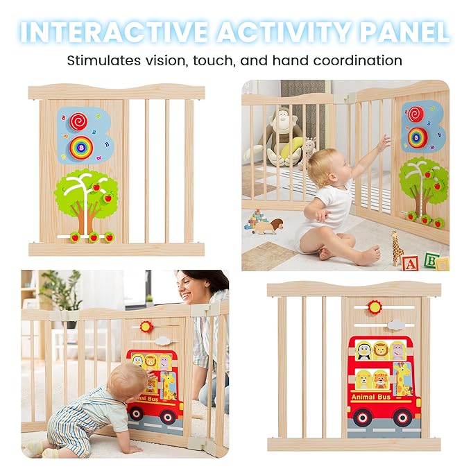 Foldable Wooden Playpen - Adjustable Wood Baby Play Yard with Child-Proof Lock, Indoor Large Safety Fence for Babies and Toddlers - Easy Assembly, 55 x 55 x 24 inches, Animal Bus, Natural