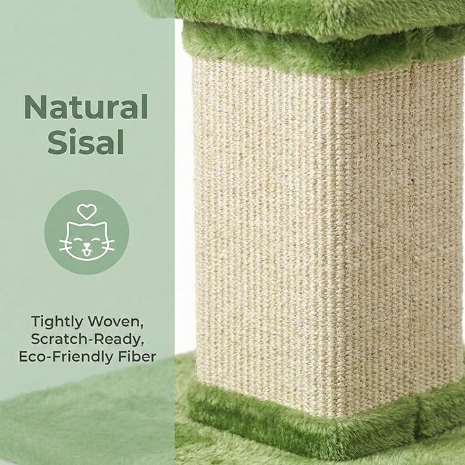 32" Tall Cat Scratching Post, Cat Scratcher with Heavy Duty Thick Wood Base, Cat Tower with Natural Sisal Rope and Hanging Ball, Plant-Like Design Scratching Post, for Small and Adult Kittens, Green