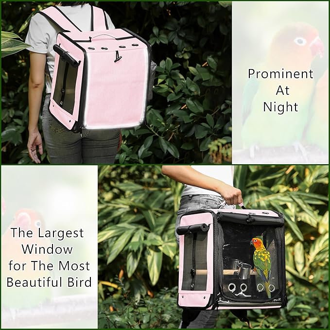 Bird Carrier with Seat Belt for Car Travel, Bird Backpack Carrier with Indestructible Stainless Steel Mesh, Large Bird Carrier Travel Cage, Pink