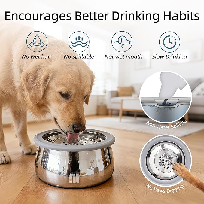3L/0.8 Gallon No Spill Water Bowl for Dogs, Double-Wall Stainless Steel Slow Water Dog Bowls, Splash-Proof Vacuum Float, Dishwasher Safe for Large Medium Dogs (3L/101 floz)