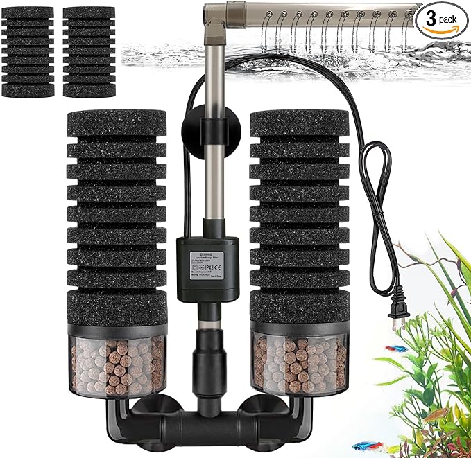 Upgrade Aquarium Electric Power Sponge Filter with Submersible Pump ，Ultra-Quiet Motor with Bio Ceramic Media Balls and 2 Spare Sponge (L for 20-55 Gal)