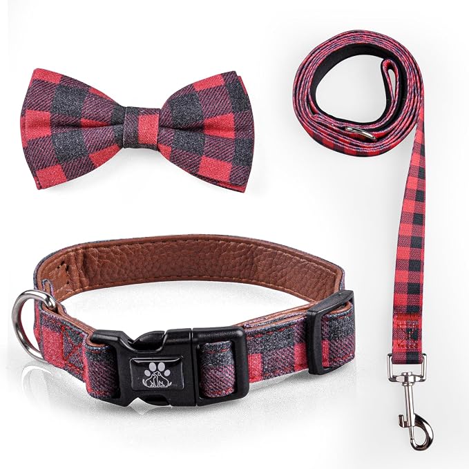 IVY&LANE Dog Collar with Bowtie and Leash Set | Plaid Adjustable Dog Collar | Detachable Bow Tie |5 FT Dog Leash | for Small Medium Large Dogs | Checkered Red | Large