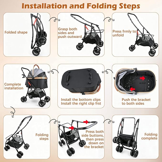 Pet Stroller for Small Medium Dogs & Cats – 3-in-1 Detachable Carrier, Zipperless Entry, Lightweight Folding Travel Stroller with Storage Basket, Cup Holder, Gray