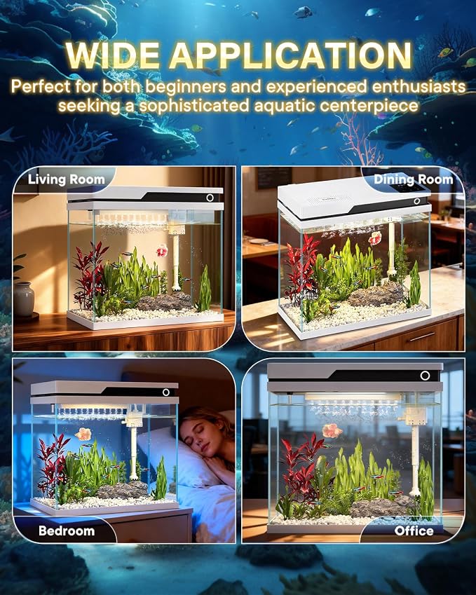 Vehipa Fish Tank, Smart Fish Aquarium Kit 7 Gallon | with Auto Feeder, Humidifier, 4-in-1 Silent Pump, Adjustable Lighting & Temperature Display for Desktop, Office, Room