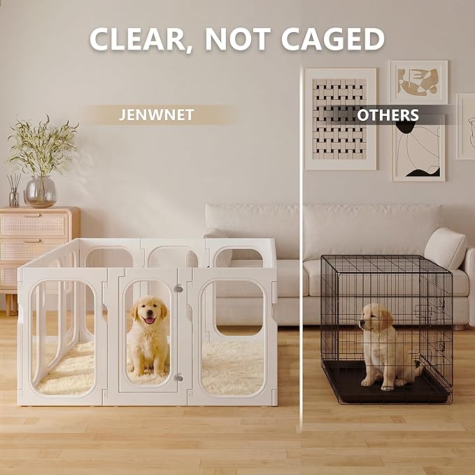 Acrylic Dog Playpen Indoor Expansion Panels, 26'' H Clear Transparent Add-On Panels with Integrated Suction Cups Base, No-Connector Panel-to-Panel Design, 2 Panels for Small Dogs, White